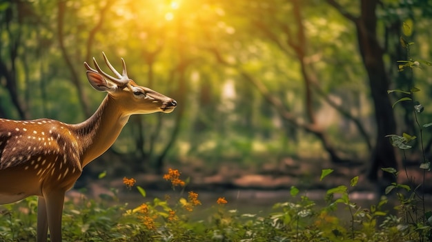 Photo a deer in a forest with a sunburst in the background