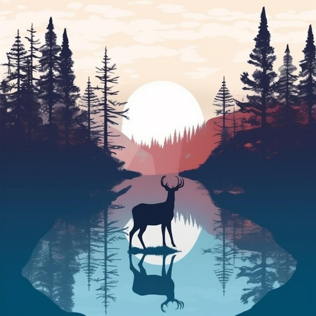 Photo a deer in a forest with a sunset behind it