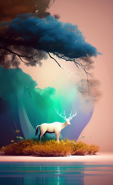 A deer in a forest with a tree on the left side