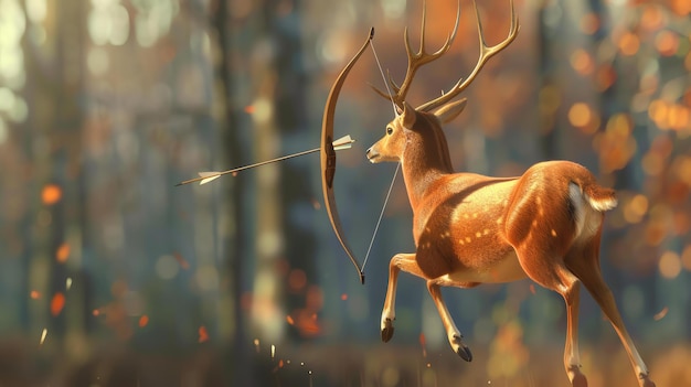 A deer gracefully leaps through a sunlit forest an arrow whizzing past its flank