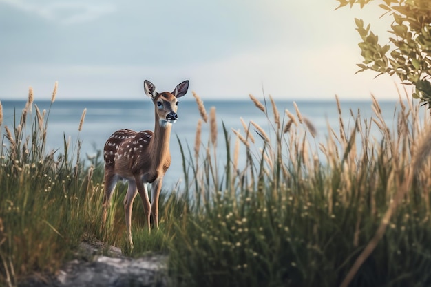 A deer in the grass by the water