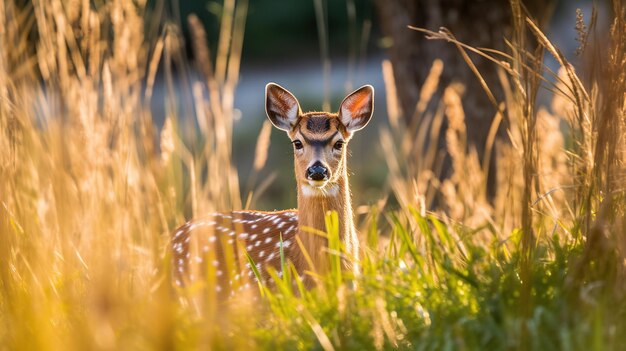 Photo a deer in the grass with the sun shining on its face