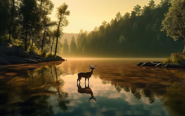 A deer grazes peacefully in the setting sun