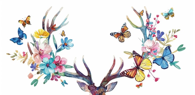 Photo deer head antlers with colorful flower and butterflies generative ai