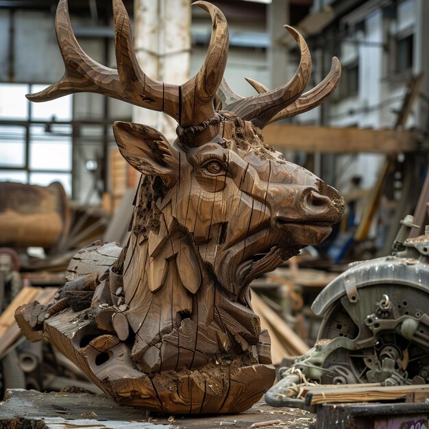 Photo a deer head is in a pile of scraps and a car is in a building