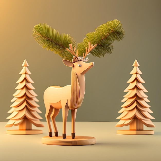 Голова оленя стоит перед рождественской елкой.