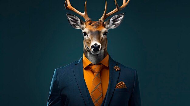 Deer head wearing formal suit on solid color background image