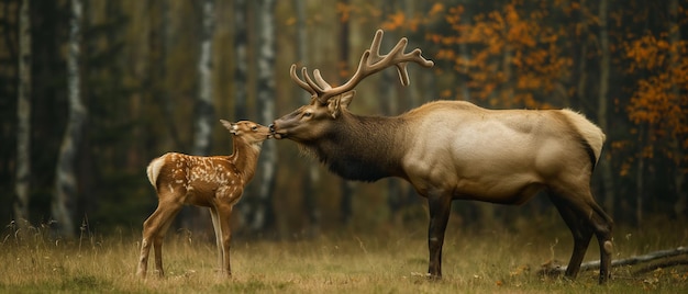 Deer and her cub in nature