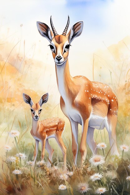 a deer and her fawns are in a field of flowers.