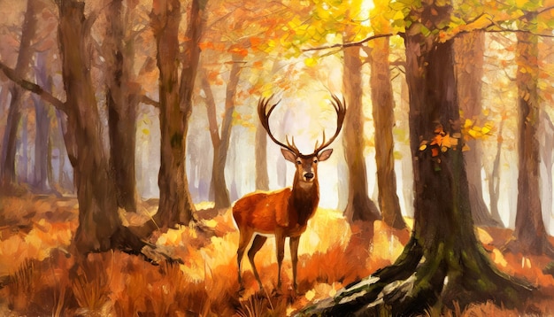 Deer high textured painting canvas in forest nature tree