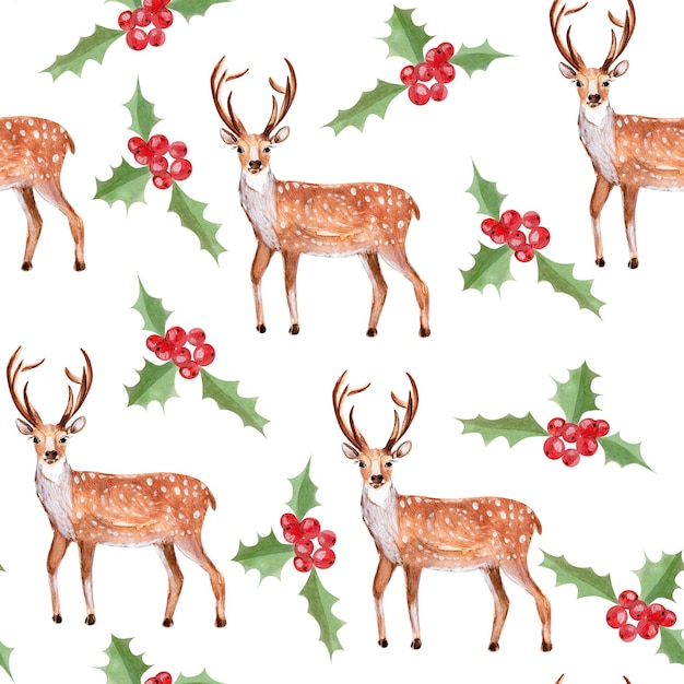 Deer and holly watercolor seamless pattern