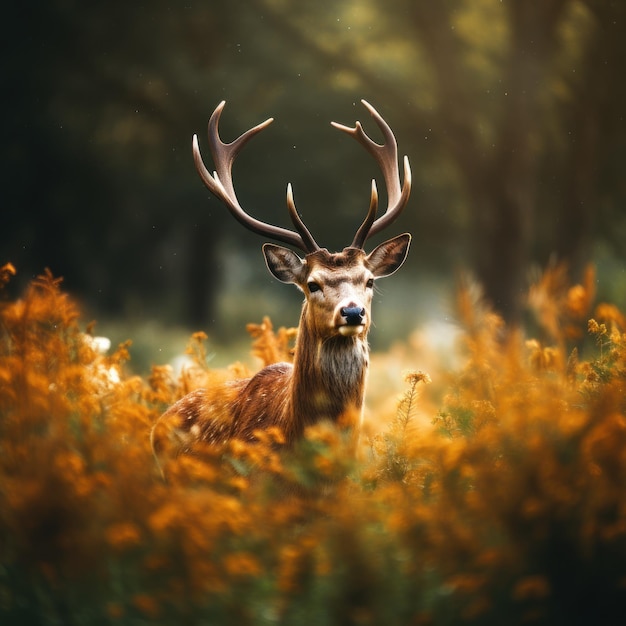 Photo a deer is laying in a field of flowers.