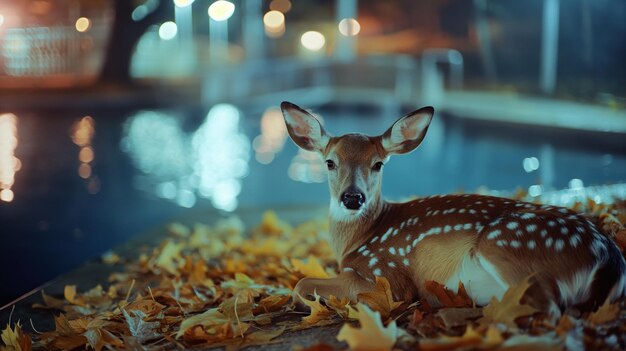 Photo a deer is laying on the ground with autumn leaves