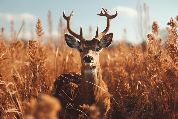 a deer is sitting in a field of tall grass