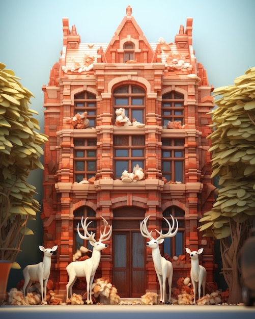 the deer is standing in front of a huge castle made of red bricks