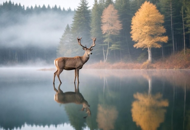 a deer is standing in front of a lake and the reflection of trees in the water