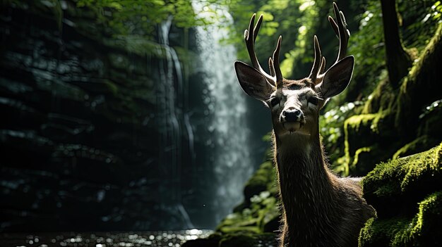 Photo a deer is standing in front of a waterfall