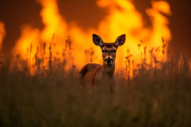 a deer is standing in the grass with the sunset behind it