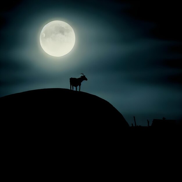 사슴이 달을 배경으로 언덕 위에 서 있습니다.