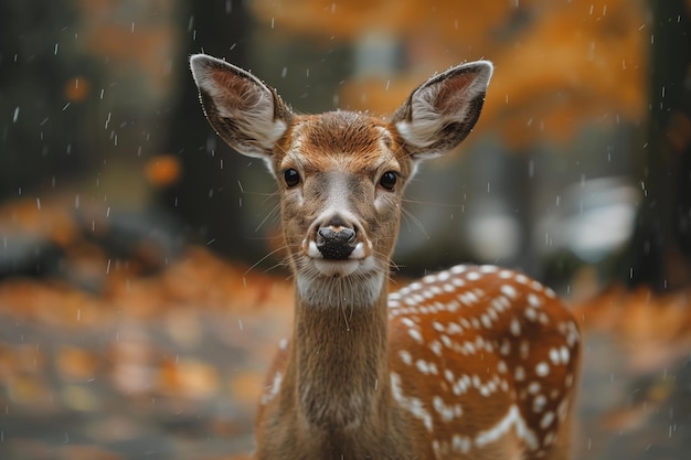 a deer is standing in the rain with a blurry background