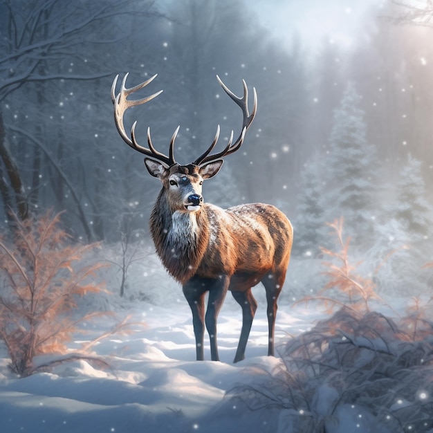 a deer is standing in the snow with a forest background.