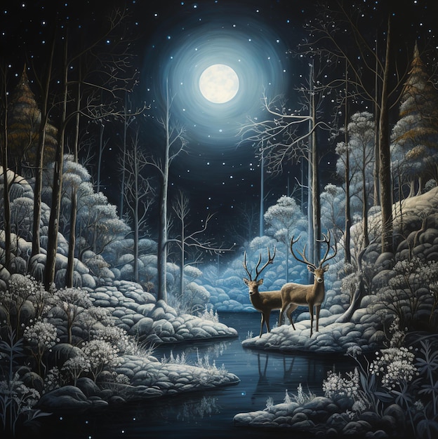 A deer is standing in the woods with the moon in the background