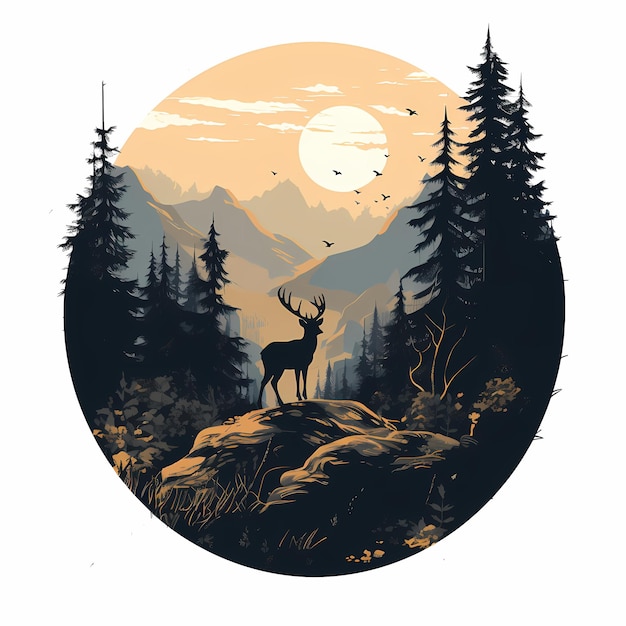 A deer is in the woods with a full moon in the background.