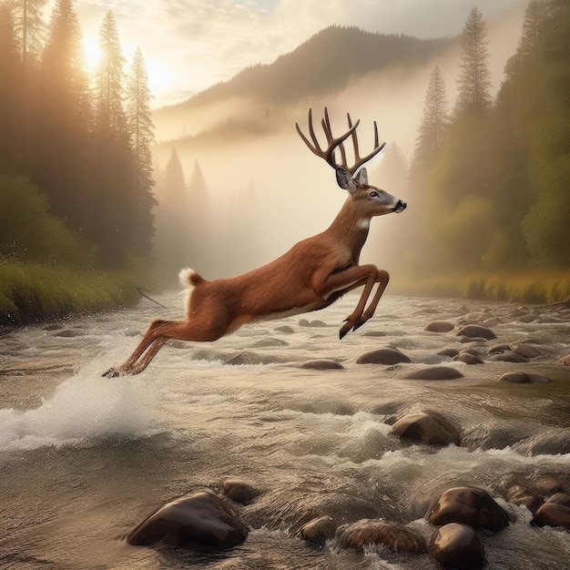 a deer jumping over rocks in a river with mountains in the background