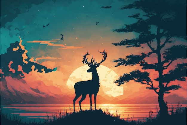 A deer on a lake with a sunset in the background