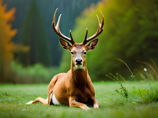 Photo a deer laying on the grass in a forest