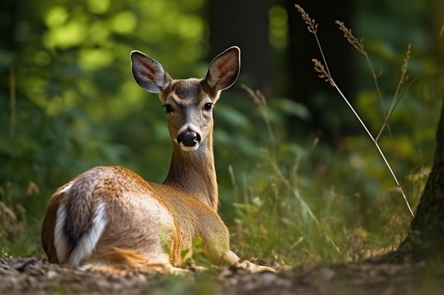 A deer laying on the ground in the woods