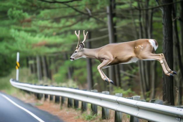 Photo deer leaping over a guardrail on a forestlined road