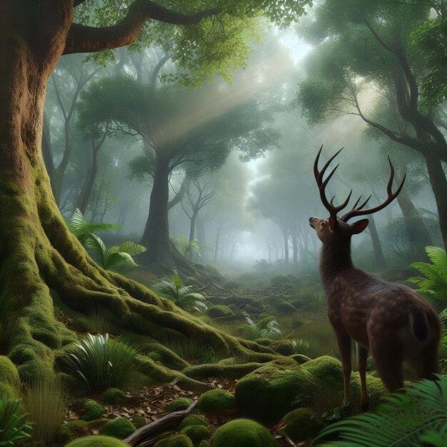 a deer looking up at the tree in a rainforest