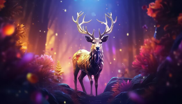 Deer in the Magic Forest in neon color spring concept