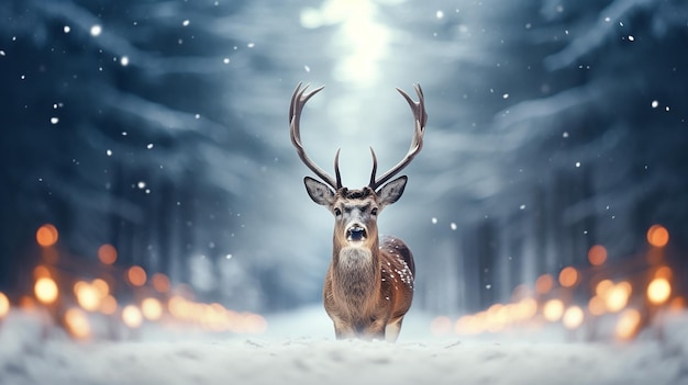 Photo deer in the middle of snowy road