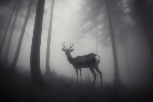 a deer in a misty forest