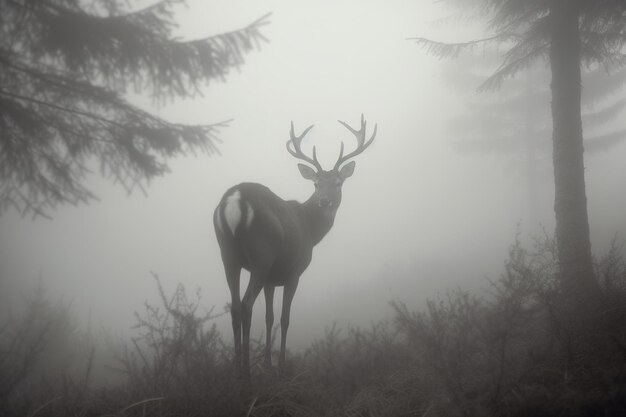 a deer in a misty forest