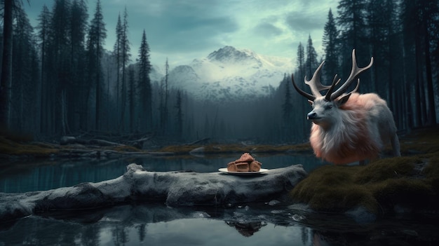 A deer and a mountain in the background