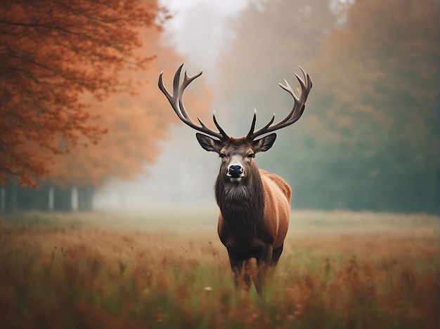 deer moving on green field in autumn mist nature generative ai