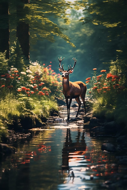 Deer navigating through a landscape with hints of both summer and autumn AI Generated