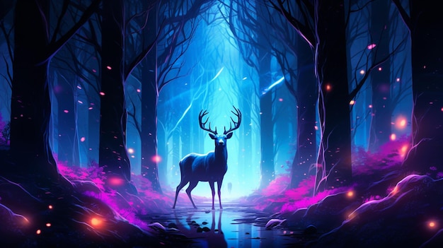Олень в неоновом свете животное гуляет по лесу Изображение, созданное AI
