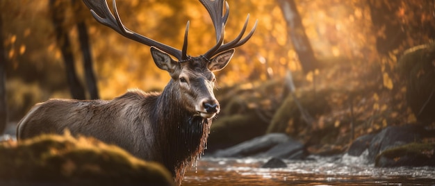 A deer in a river with fall colors in the background