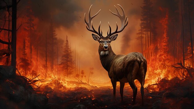 Deer running away from a fire in the forest High quality photo
