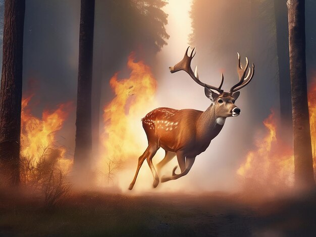 Deer running from burning forest Forest fires are a problem of climate change and global warming