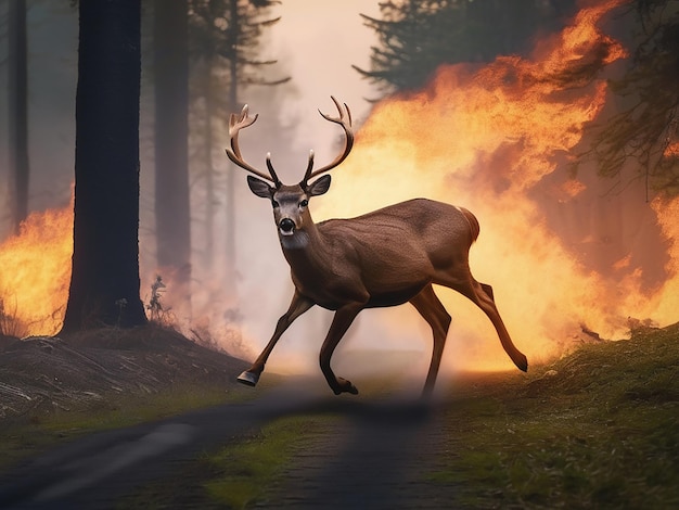 Deer running from burning forest Forest fires are a problem of climate change and global warming