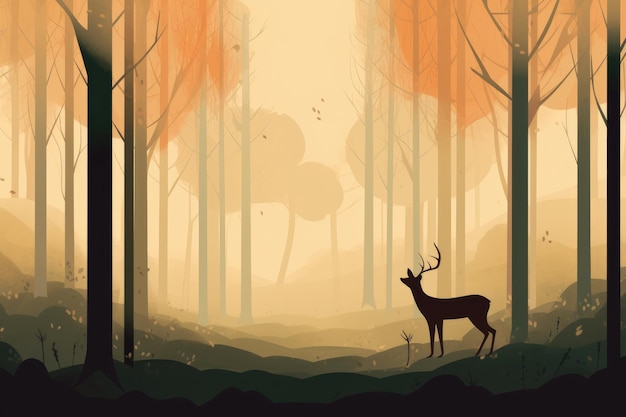 Photo deer silhouette and forest landscape in a minimalist illustration soft and muted color generative ai