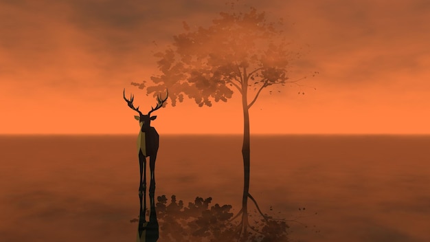 Deer silhouette near lonely tree dark surreal landscape