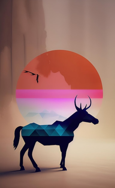 A deer silhouette with a sunset in the background