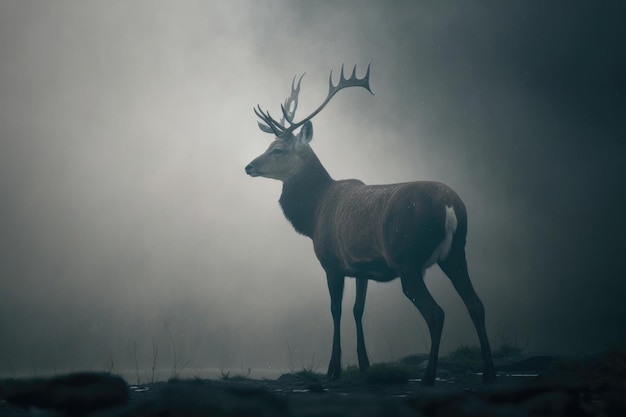 Deer in smoky forest Illustration AI Generative