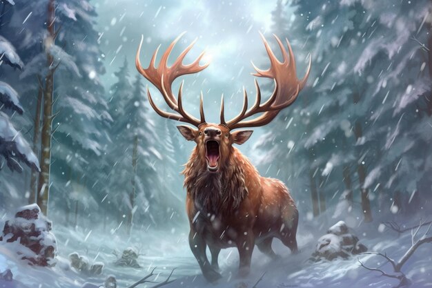 A deer in the snow with the big horns